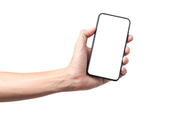 Hand man holding mobile smartphone with blank screen isolated on white background with clipping path