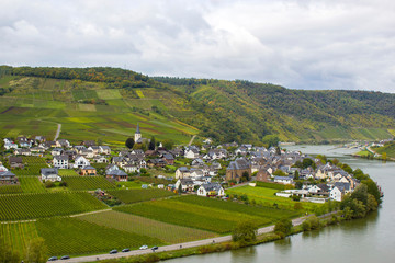 Aerial view of the Moselle valley with vineyards and the villages Ellenz-Poltersdorf - obrazy, fototapety, plakaty