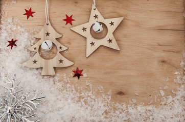 Christmas wooden background with Christmas decorations.
