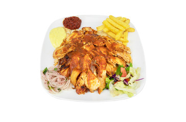 Traditional Turkish Doner Kebab meat. Shawarma or gyros. Turkish, greek or middle eastern arab style chicken doner kebab food in restaurant.