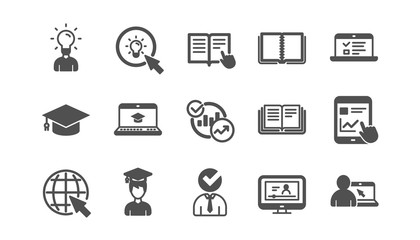 Education icons. Book, Video tutorial and Instructions. Presentation classic icon set. Quality set. Vector