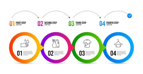 Rubber gloves, Clean t-shirt and Shampoo and spray line icons set. Timeline infographic. Clean towel sign. Hygiene equipment, Laundry shirt, Washing liquids. Laundry hanger. Cleaning set. Vector