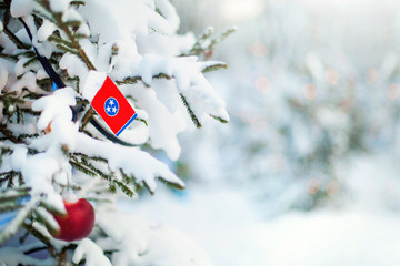 Tennessee flag. Christmas tree branch with a flag of Tennessee state. Xmas holidays greetings card....
