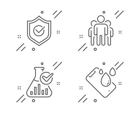 Group, Chemistry lab and Approved shield line icons set. Smartphone waterproof sign. Managers, Laboratory flask, Protection. Phone. Technology set. Line group outline icon. Vector