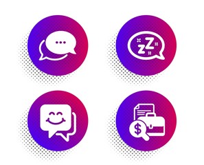 Dots message, Sleep and Smile face icons simple set. Halftone dots button. Accounting report sign. Chat bubble, Zzz bubble, Chat. Financial case. Technology set. Classic flat dots message icon. Vector