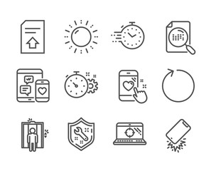 Set of Technology icons, such as Heart rating, Social media, Loop, Search file, Cogwheel timer, Timer, Elevator, Sun energy, Smartphone broken, Seo laptop, Spanner, Upload file line icons. Vector