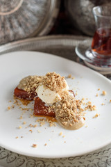 Turkish Pumpkin Dessert with Tahini, Ice Cream and Walnut, Tahinli Kabak Tatlisi.