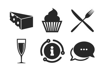 Muffin cupcake symbol. Chat, info sign. Food icons. Fork and knife sign. Glass of champagne or wine. Slice of cheese. Classic style speech bubble icon. Vector