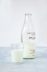 glass and bottle of fresh milk on light background
