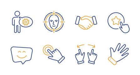 Face detect, Loyalty star and Touchscreen gesture line icons set. Smile face, Handshake and Cogwheel signs. Move gesture, Hand symbols. Select target, Bonus reward. People set. Vector
