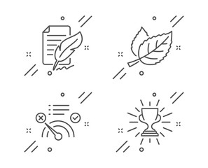 Feather signature, Leaf and No internet line icons set. Trophy sign. Feedback, Nature leaves, Bandwidth meter. Winner cup. Business set. Line feather signature outline icon. Vector