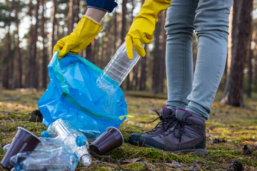 Volunteer is picking up plastic waste at nature. Cleaning forest from plastic pollution