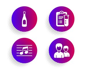 Musical note, Medical analyzes and Champagne icons simple set. Halftone dots button. Couple sign. Music, Medicine results, Celebration drink. Two male users. Business set. Vector