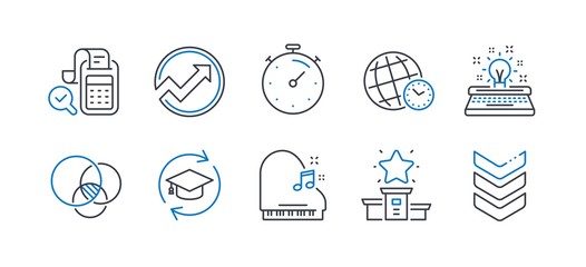 Set of Education icons, such as Piano, Time zone, Continuing education, Audit, Euler diagram, Timer, Bill accounting, Winner podium, Typewriter, Shoulder strap line icons. Line piano icon. Vector