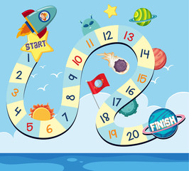 Boardgame design template with rocket and planets