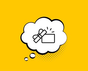 Opened Gift box line icon. Comic speech bubble. Present or Sale sign. Birthday Shopping symbol. Package in Gift Wrap. Yellow background with chat bubble. Opened Gift icon. Colorful banner. Vector
