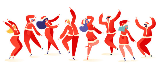 Set of young happy dancing people dressed in Santa Claus costumes. Party dancer character male and female isolated on white background. Young men and women enjoying dance party. 