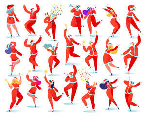 Big set of flat cartoon people characters isolated on white background they rejoice, dance, jump, have fun. Dressed in Santa Claus costumes. Masquerade with flappers, sparklers and champagne. 