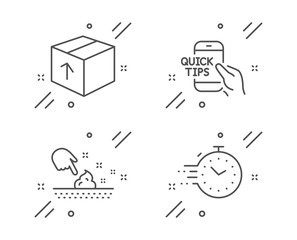 Education, Package and Skin moisture line icons set. Timer sign. Quick tips, Delivery pack, Wet cream. Deadline management. Business set. Line education outline icon. Vector