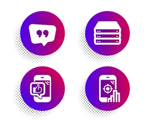 Obraz premium Servers, Mobile like and Quote bubble icons simple set. Halftone dots button. Seo phone sign. Big data, Phone thumbs up, Chat comment. Search engine. Business set. Classic flat servers icon. Vector