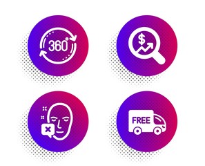 Currency audit, Full rotation and Face declined icons simple set. Halftone dots button. Free delivery sign. Money chart, 360 degree, Identification error. Shopping truck. Business set. Vector