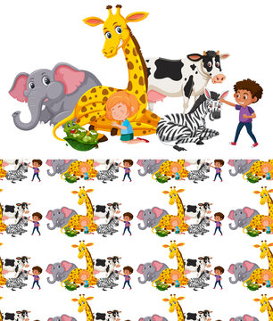 Group of wild african animals and seamless pattern