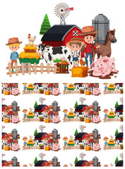 Seamless background design with farmers and barn