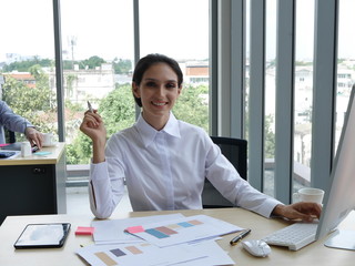 caucasian european business woman working with documents in office social distancing new normal 