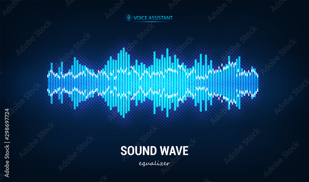 Poster Sound wave, equalizer. Voice assistant concept. Microphone voice control technology, voice and sound recognition. High-tech Ai assistant voice, background wave flow. Vector illustration