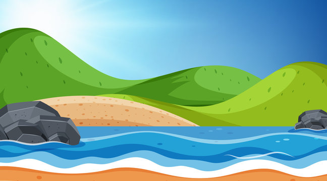 Landscape background design of ocean and hills