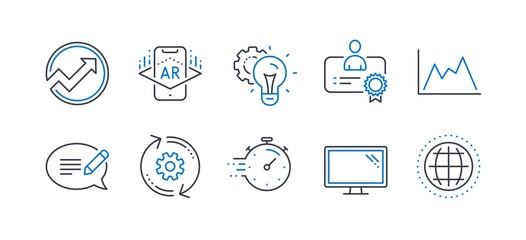 Set of Science icons, such as Idea gear, Certificate, Monitor, Cogwheel, Audit, Timer, Message, Diagram, Augmented reality, Globe line icons. Technology process, Best employee. Vector