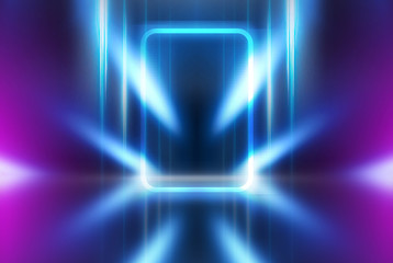 Empty background scene. Dark street reflection on wet asphalt. Rays of neon light in the dark, neon shapes, smoke. Background of an empty stage show. Abstract dark background.