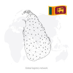 Global logistics network concept. Communications network map Sri Lanka on the world background. Map of  Sri Lanka with nodes in polygonal style and national flag.  EPS10.