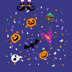 Halloween greeting card concept. Flying paper confetti and holiday accessories