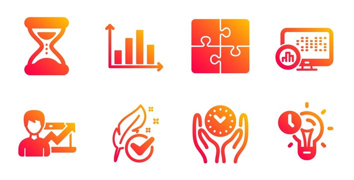Diagram graph, Hypoallergenic tested and Safe time line icons set. Report statistics, Puzzle and Success business signs. Time symbol. Presentation chart, Feather. Science set. Vector