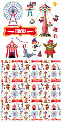 Seamless background design with circus animals and rides