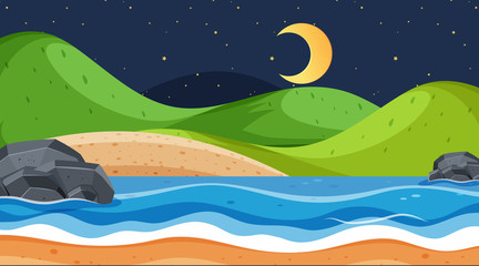 Landscape background design with ocean at night