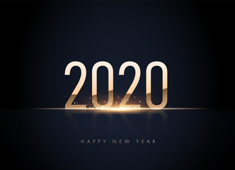 Happy new 2020 year Elegant gold text with light in black background with shining bokeh. Minimalistic template. vector illustration