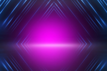 Empty background scene. Dark street reflection on wet asphalt. Rays of neon light in the dark, neon shapes, smoke. Background of an empty stage show. Abstract dark background.