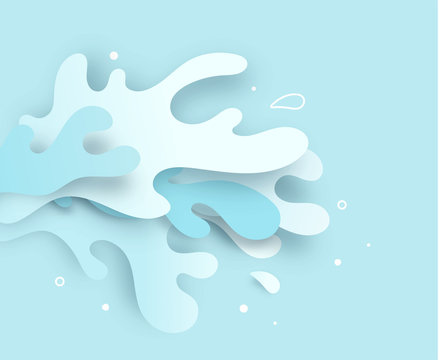 White And Blue Splash Water And Confetti On Background, Paper Art Paper Cutting Style. Vector Illustration