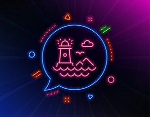 Lighthouse line icon. Neon laser lights. Beacon tower sign. Searchlight building symbol. Glow laser speech bubble. Neon lights chat bubble. Banner badge with lighthouse icon. Vector