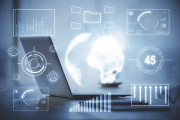 Double exposure of graph and financial info and work space with computer background. Concept of international online trading.