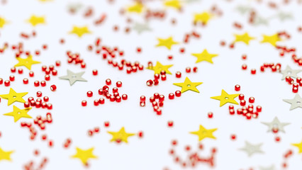 Christmas composition decoration. Pattern made of silver and gold star, golden decorations and red berries on white background.