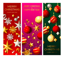 Happy New Year party blue, green, red banner set with baubles