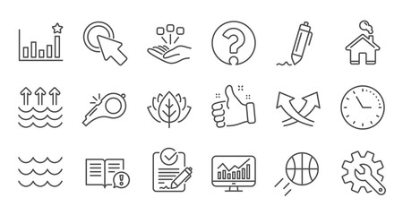 Waves, Whistle and Global warming line icons. Signature, Analytics and Question mark. Linear icon set. Quality line set. Vector