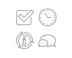 Check line icon. Chat bubble, info sign elements. Approved Tick sign. Confirm, Done or Accept symbol. Linear checkbox outline icon. Information bubble. Vector