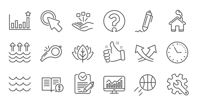 Waves, Whistle and Global warming line icons. Signature, Analytics and Question mark. Linear icon set. Quality line set. Vector