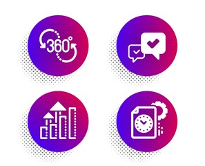 360 degree, Analysis graph and Approve icons simple set. Halftone dots button. Project deadline sign. Virtual reality, Targeting chart, Accepted message. Time management. Technology set. Vector