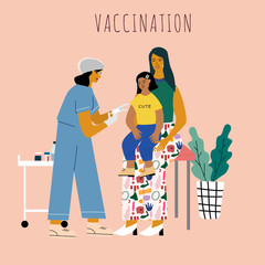 Children vaccination and immunization concept. Child on mothers knees gonna make a vaccine injection.  Doctor pediatrician  with syringe and gloves vaccinating a kid. Flat vector illustration.