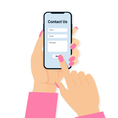 Contact us web page concept banner, poster, template. Woman hand holding phone. Modern flat vector illustration design.
